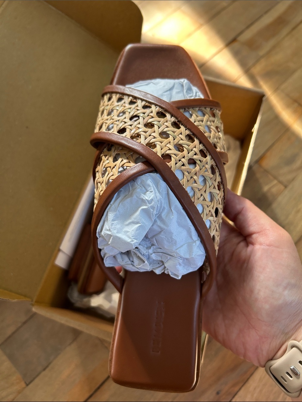 Bembien Woven Leather Slide Sandals in Natural Brown - Picture 4 of 8